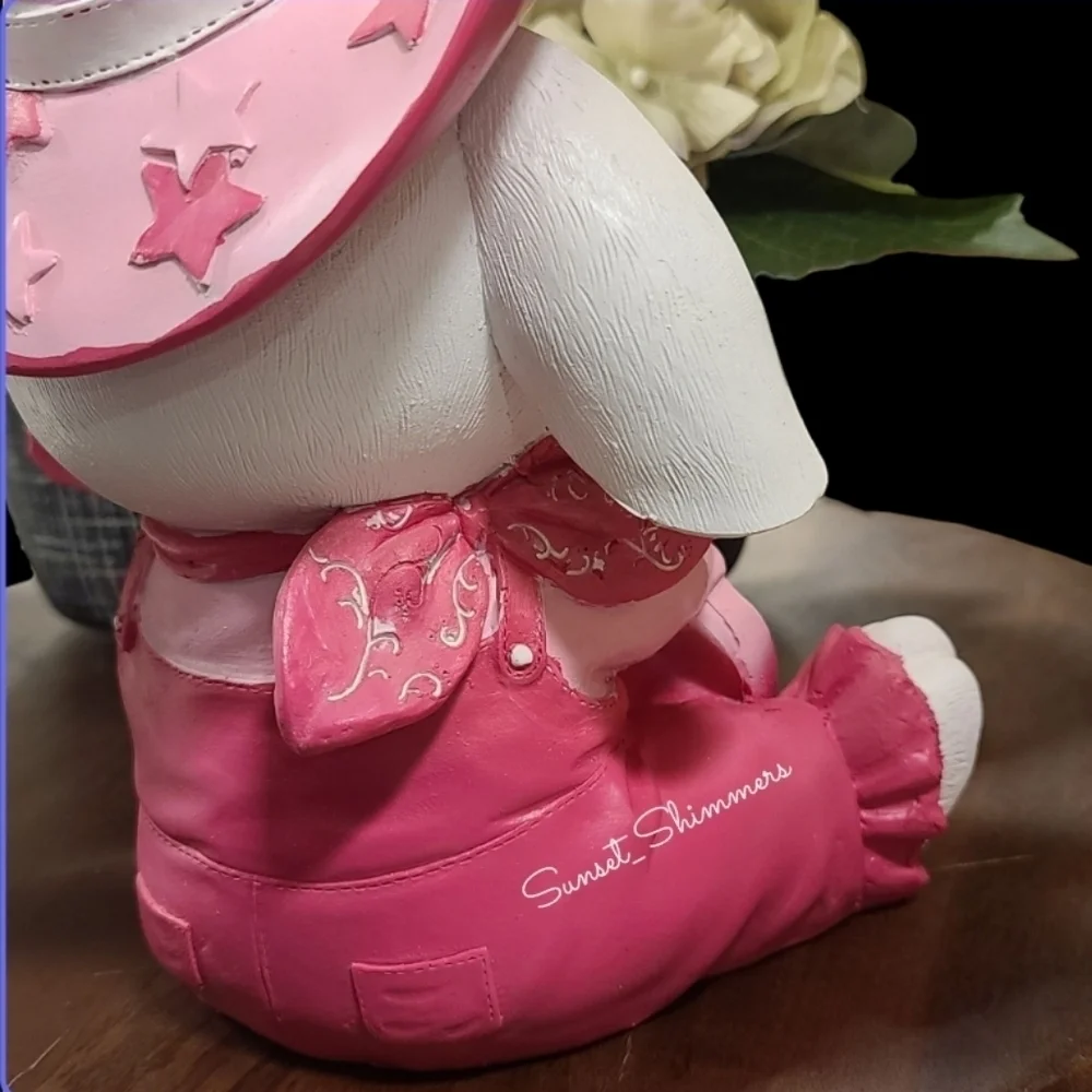 Bunny Girl Sparkly Pink Cowboy Hat Overalls Guitar Figure Decor